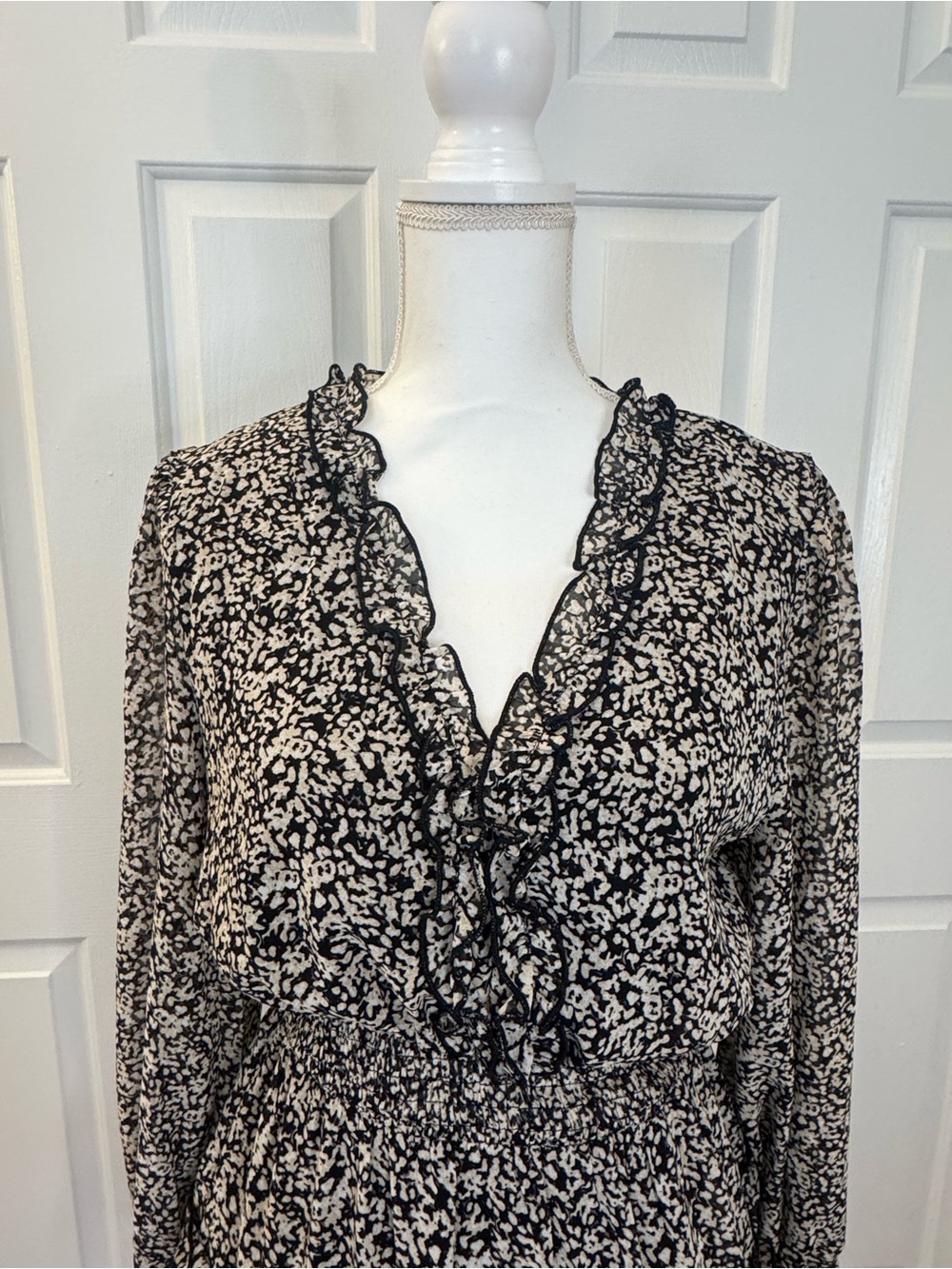 Altar'd State Black and Cream Floral Smock Waist Ruffle Tiered Long Sleeve Dress - Picture 9 of 9